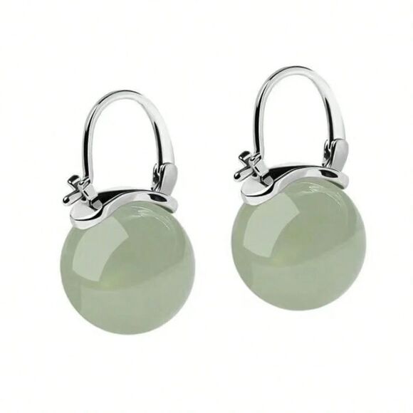 Round Green Jade Ball Drop Earrings Silver Secure Clasp Classic Stylish Fashion - Picture 2 of 7